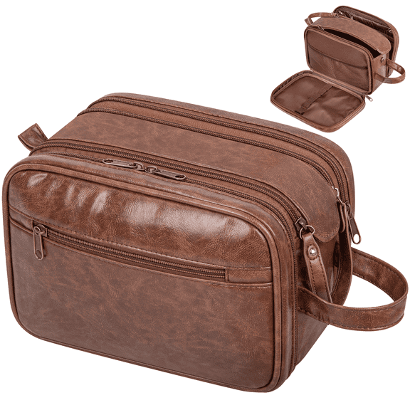 Toiletry Bag for Men, PU Leather Travel Toiletry Organizer with Handle, Water Resistant Travel Essentials for Women, Travel Storage Bags with Divider for Cosmetics Toiletries Brushes Tools, Brown