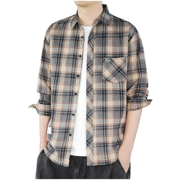 Men Tops Long Sleeve Plaid Shirt Jacket Brushed Cotton Breathable Flannel Button Down Shirt Black L