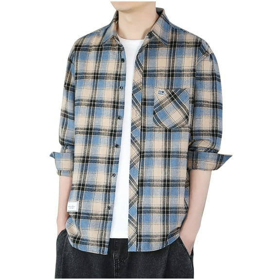 Men Tops Long Sleeve Plaid Shirt Jacket Brushed Cotton Breathable Flannel Button Down Shirt Blue L