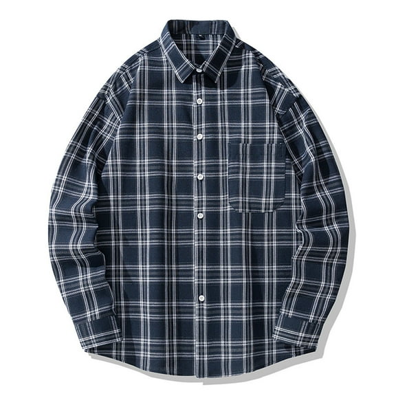 Men Tops Long Sleeve Plaid Shirt Loose Fit Button Down Lapel Casual Blouse Light Jacket Navy 2XL