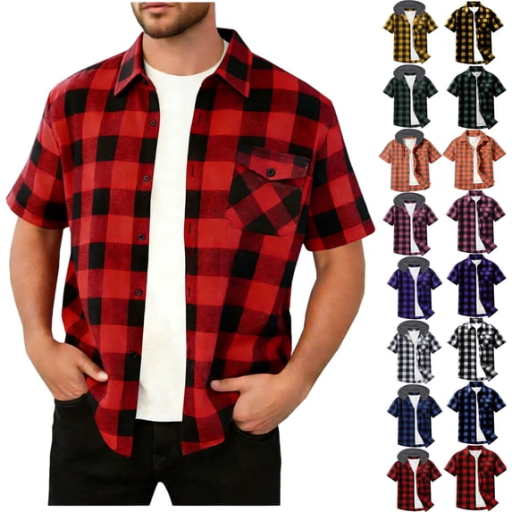 Men Tops Shirts Patchwork Fashion Casual Plaid Button Shorts Sleeve Shirt Blouse