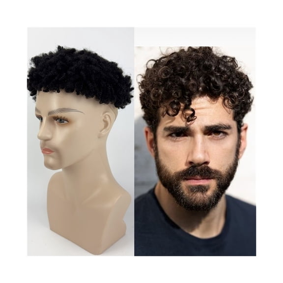 Men Toupee 12mm Curly Real Human Hair Injection PU Skin Base Male Capillary Prosthesis