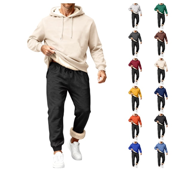 Men Track Suits 2 Piece Set Sherpa Lined Sweatpants Winter Thermal Sweatsuit Fleece Hoodie and Sweatpants Set for Men Beige M