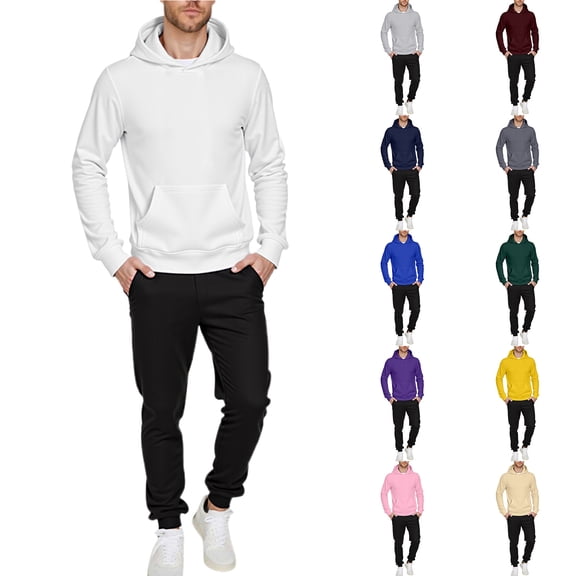 Men Track Suits 2 Piece Set Solid Color Casual Hooded Sweatshirts And Running Pants Outfit Fall Winter Suits Set