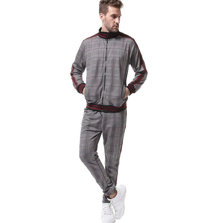 DxhmoneyHX Men Track Suits Sets Long Sleeve Full-Zip Sweatsuit Plaid Active Jackets and Jogging Pants 2 Piece Outfits, Men's, Size: XL, Black