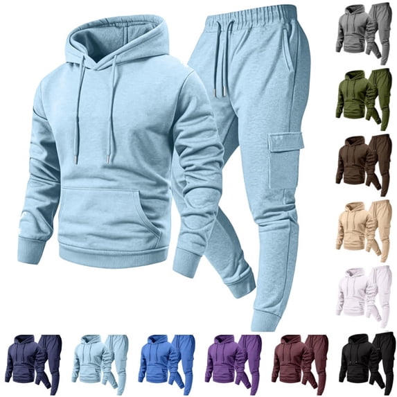 Men Tracksuit 2 Piece Outfit Long Sleeve Pullover Hoodie & Jogger Pants Soft Fleece Sweatpant Sweatsuits Set Light Blue L