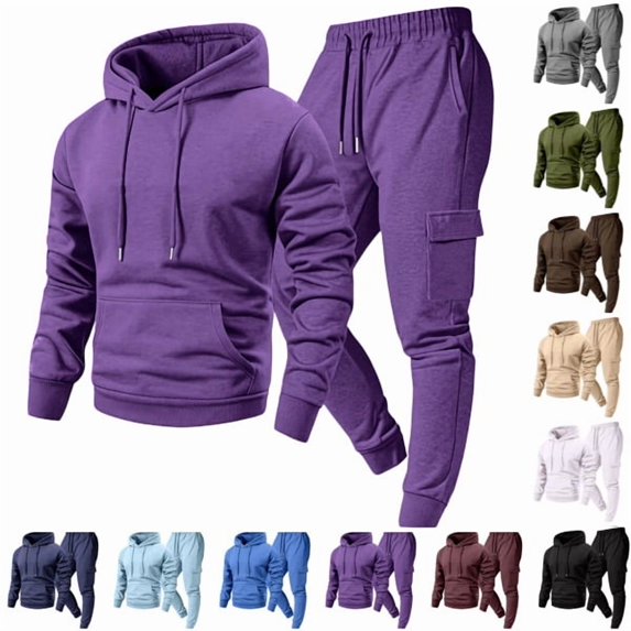 Men Tracksuit 2 Piece Outfit Long Sleeve Pullover Hoodie & Jogger Pants Soft Fleece Sweatpant Sweatsuits Set Purple L