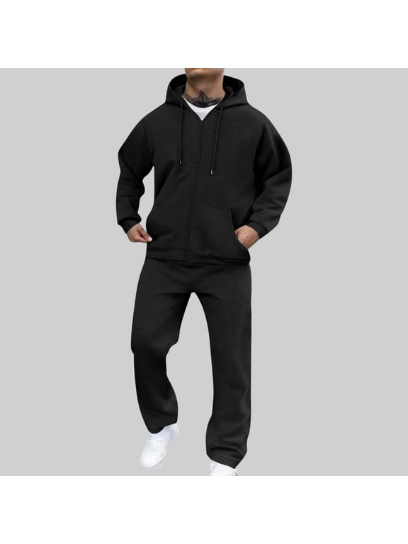 Men Tracksuit Hooded Pullover Sports Long Trousers Two-Piece Sets Elastic Waist Solid Sportsuits