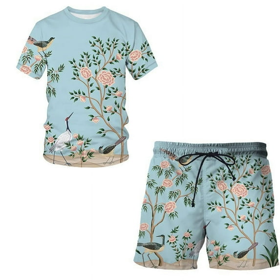 Men Tracksuit Set Summer 2 Piece Outfit Sport Set Flower And Bird 3D Digital Printing Short Sleeve and Short Set