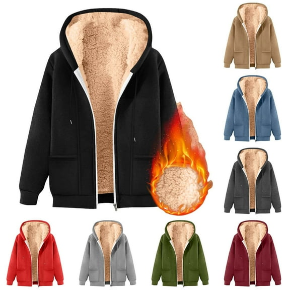 Men Trench Coat Fleece Hooded Full Zip Solid Color Long Sleeve Winter Cardigan Pockets Warm Hooded Coat