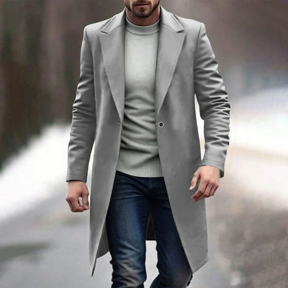 Men Trench Coat Long Notched Collar Jacket Single Button Business Casual Fall Winter Outerwear with Pockets New Casual Jackets for Men Gray S
