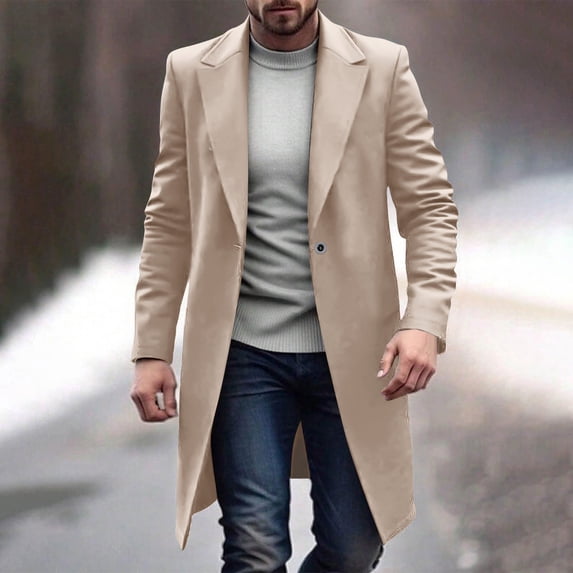 Men Trench Coat Long Notched Collar Jacket Single Button Business Casual Fall Winter Outerwear with Pockets New Fall Jackets for Men Beige XXL