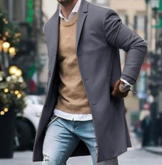 Men Trench Coat Wool Slim Fit Notched Collar Overcoat Single