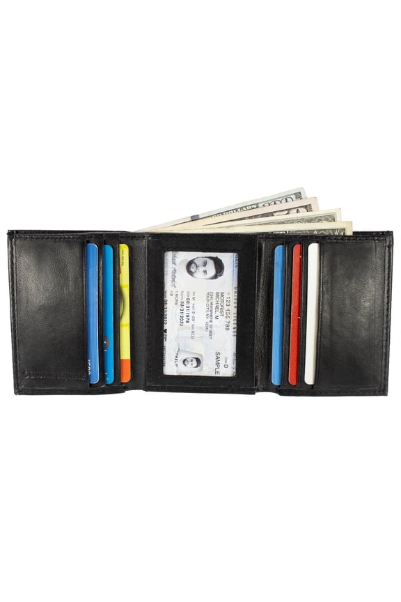 Men Trifold Wallet, Lambskin Leather Wallet Black