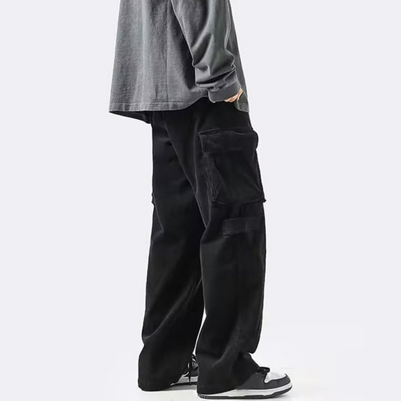 Men Trousers Loose Low Rise Streetwear Wide Leg Vintage Multiple Large Pockets Casual Pants for Daily Wear
