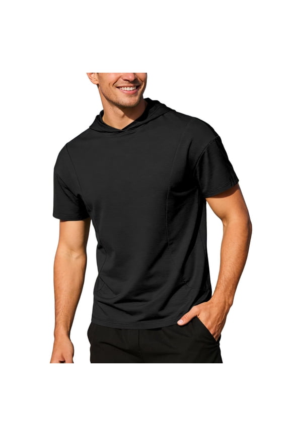 Men Tshirt Men Performance Outdoor Short Sleeve Hooded Tee Lightweight Running Endurance Training Shirt Black XXL