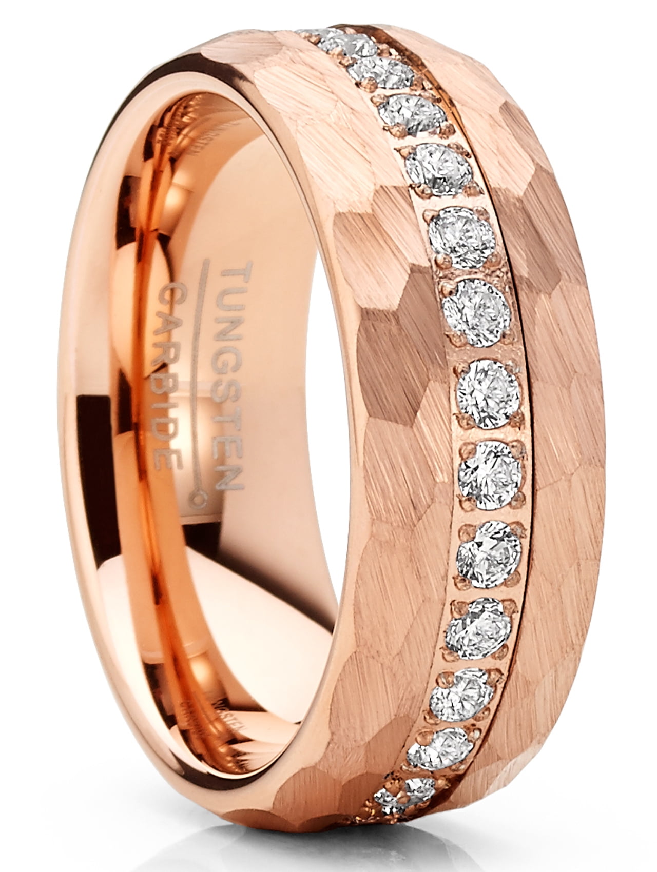 Men Tungsten Rose Goldtone Wedding Band Hammered Eternity Ring Simulated Diamond CZ ComfortFit
