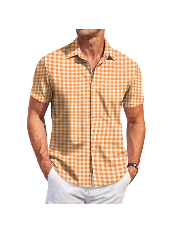 Men Turn Down Collar Short Sleeve Gingham Plaid Button Down Shirt Regular Fit Breathable Lightweight Casual Business Commuter Tops Orange 3XL