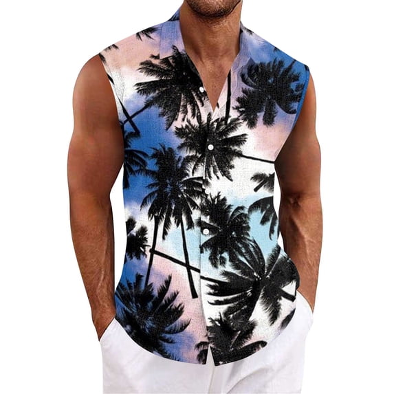 Men Turn Down Collar Sleeveless Hawaiian Tropical Button Down Vest Lightweight Breathable Vacation Beach Travel Tops Cyan M