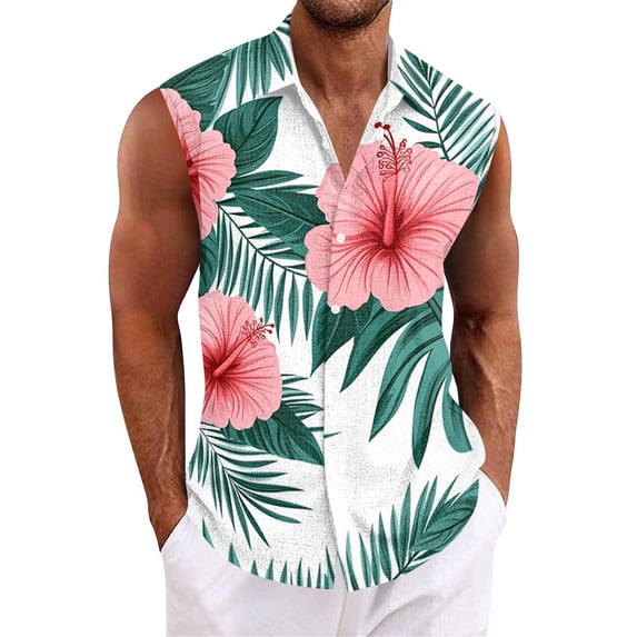 Men Turn Down Collar Sleeveless Hawaiian Tropical Button Down Vest Lightweight Breathable Vacation Beach Travel Tops Green XL