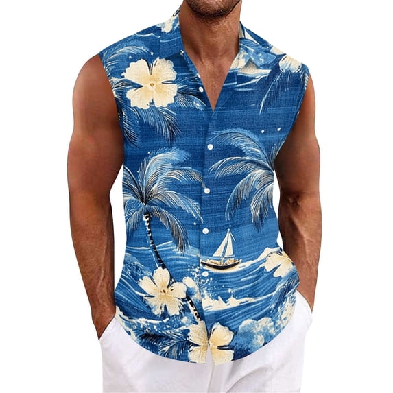 Men Turn Down Collar Sleeveless Hawaiian Tropical Button Down Vest Lightweight Breathable Vacation Beach Travel Tops Sky Blue 2XL