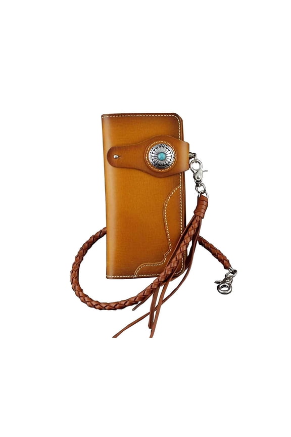 Men Turquoise Concho Leather Long Handmade Biker Wallet W/ Braid Leather Chain