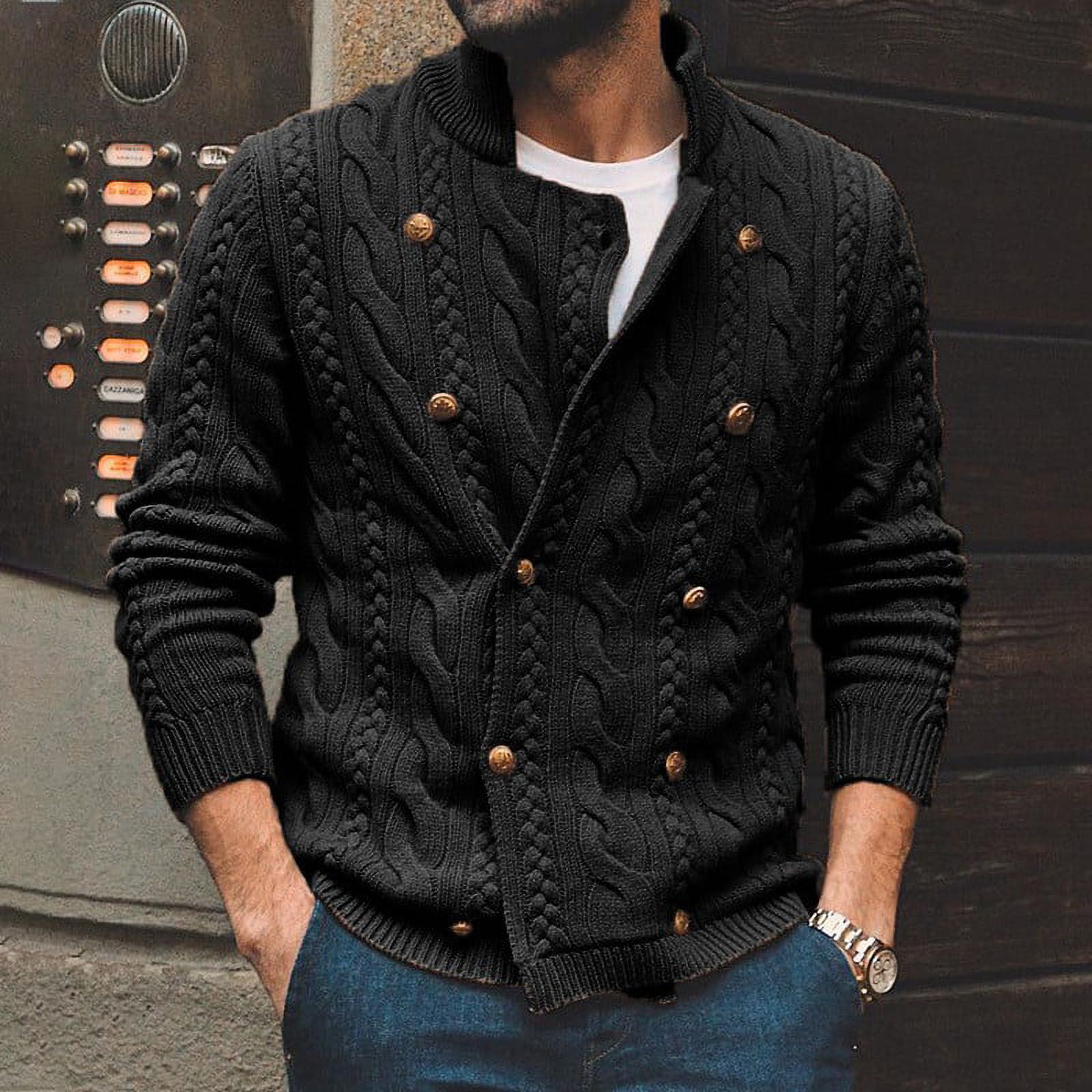 Men Turtleneck Double Breasted Sweater Jacket Warm Cardigan Cable