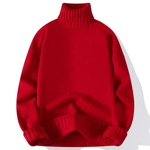Men Turtleneck Long Sleeve Sweater High Neck Top Pullover Sweaters Casual Loose Fit Lightweight Cable Knitted for Men Solid Basic Soft Comfortable Fall Winter Sweaters Tops, Red (X-Large)