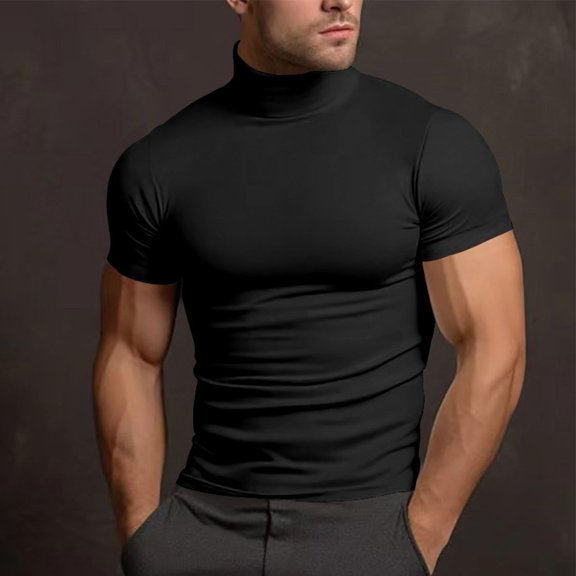 Men Turtleneck Short Sleeve Slim T-Shirt Muscle Fitness Pullover Blouse Tops Tee