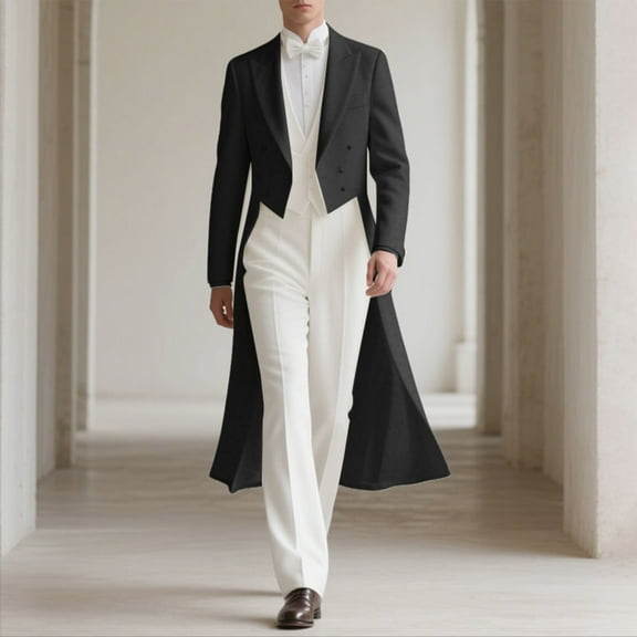 Men Tuxedo Suits Slim Fitting Formal Elegant Costume Tailcoat Long Jacket Double-Breasted Dress Blazer Coats Black M