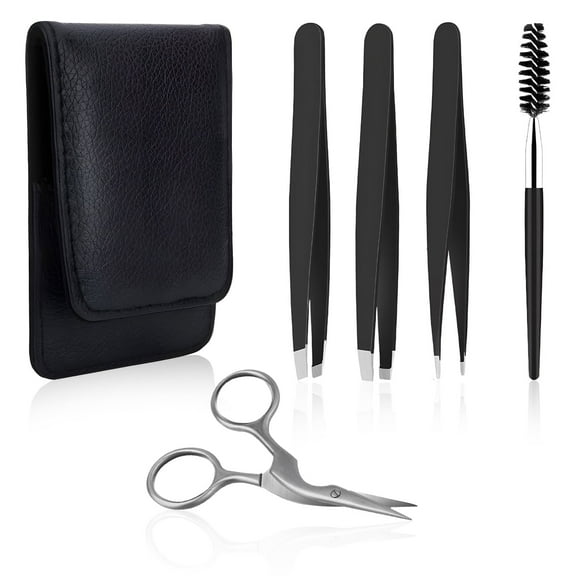 Tweezers Set for Women - Professional Tweezers for Women Facial Hair, Eyebrow Kit with Eyebrow Scissors and Leather Travel Case