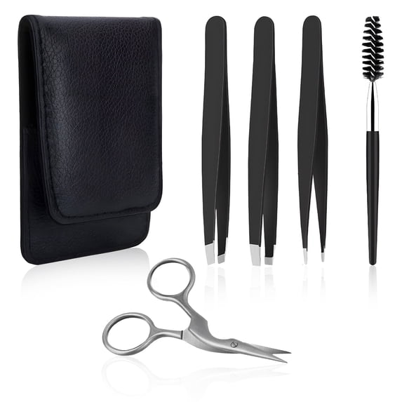 Tweezers Set for Women - Professional Tweezers for Women Facial Hair, Eyebrow Kit with Eyebrow Scissors and Leather Travel Case