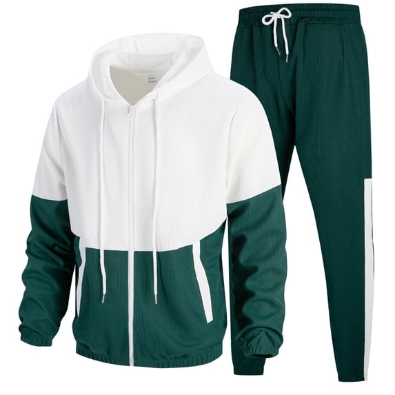 Men Two Piece Outfits Sets Colorblock Zip Up Hooded Jacket and Pants Set with Pockets Casual Two Piece Tracksuit