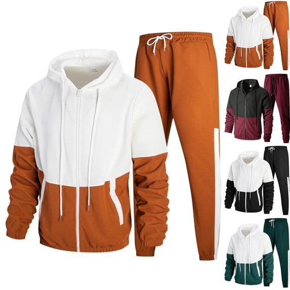 Men Two Piece Outfits Sets Colorblock Zip Up Hooded Jacket and Pants Set with Pockets Casual Two Piece Tracksuit