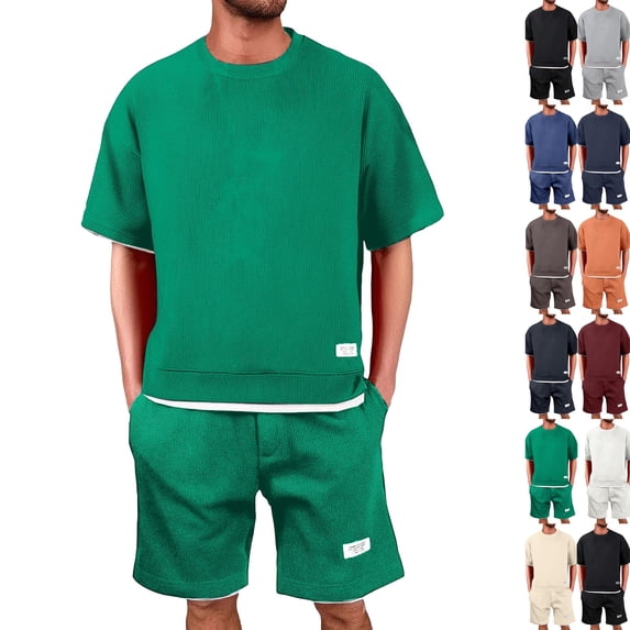 Men Two Piece Outfits Sets Summer Short Sleeve Crewneck Waffle Shirt and Short Sets Oversized Matching Set Tracksuit,Green,3XL