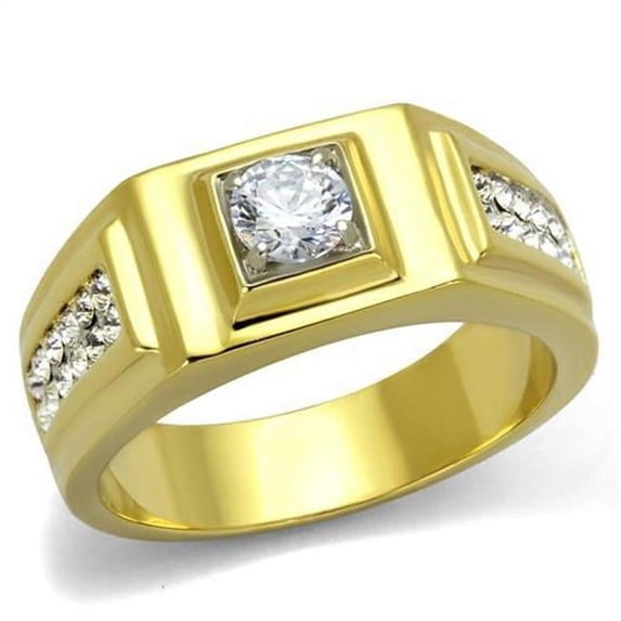Men Two-Tone IP Gold Stainless Steel Ring with AAA Grade CZ in Clear - Size 9