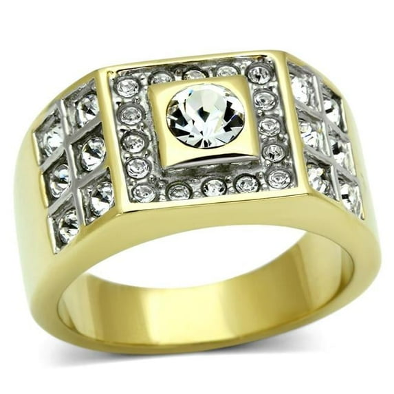 Men Two-Tone IP Gold Stainless Steel Ring with Top Grade Crystal in Clear - Size 12