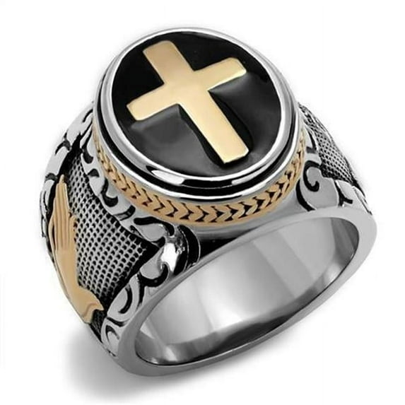Men Two-Tone IP Rose Gold Stainless Steel Ring with Epoxy in Jet - Size 13