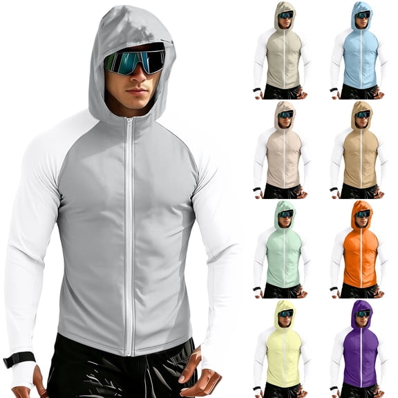Men UPF 50+ Fishing Hoodie Sun Protection Shirt with Mask Long Sleeve Breathable Rash Guard for Swimming Sailing Boating Light Gray L