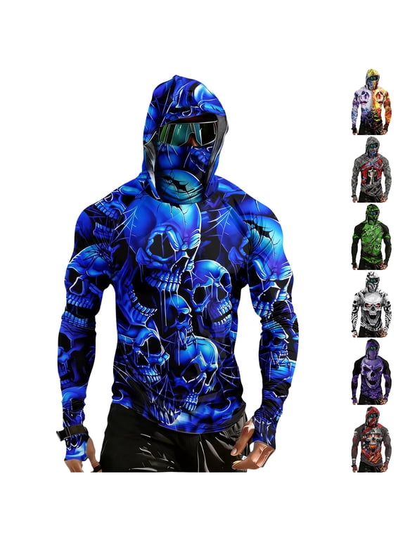 Men UPF 50+ Sun Protection T Shirt 3d Skull UV Sun Protection Shirts UPF Rash Guard Long Sleeve Hoodie with Face Cover for Outdoor Hiking, Swimming and Running