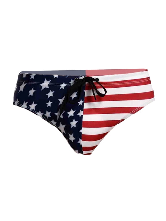 Men USA Flag Printing Brief Triangle Underpants Swimwear Bikini Briefs Beach Swimsuit Size L (Blue)