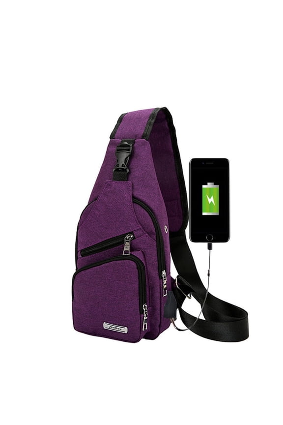 Men USB Charger Port Chest Sports Bag Shoulder Crossbody Sling Bag-Purple
