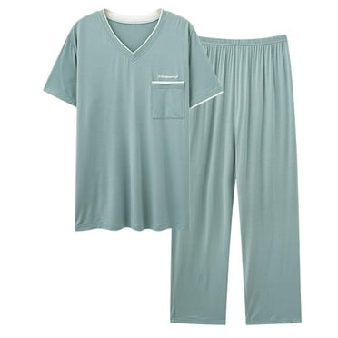 Men Ultra-Soft Modal Sleepwear V Neck Short Sleeve Long Pants Summer 2 Pcs Loungewear Pajama Sets