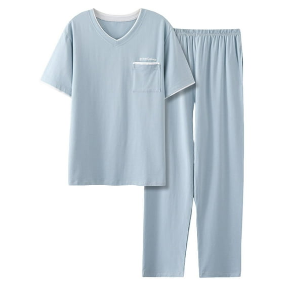 Men Ultra-Soft Modal Sleepwear V Neck Short Sleeve Long Pants Summer 2 Pcs Loungewear Pajama Sets