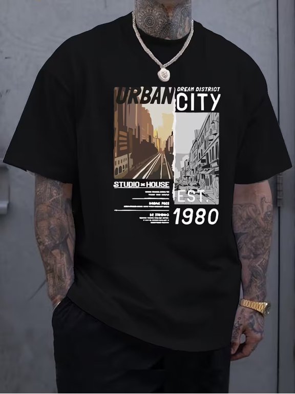 Men Urban City Casual Graphic T-Shirt