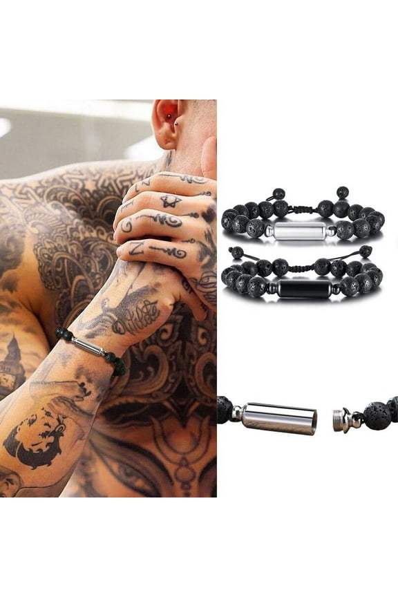 Men Urn Bracelet, Tiger's Eye and Lave Stone 14K White Gold Bracelets Stash Capsule, Urns Jewelry for Ashes Cremation Brazalets