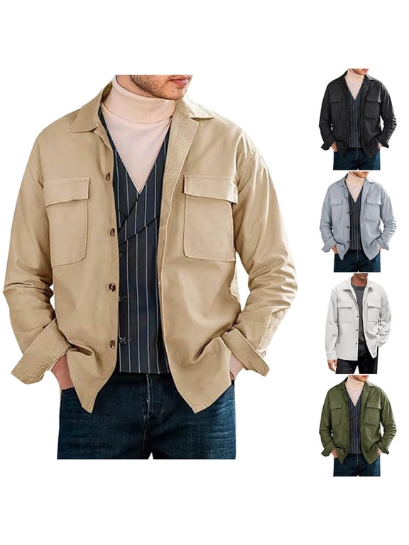 Men Utility Button Down Shacket Lapel Collar Long Sleeve Workwear Jacket Relaxed Fit Casual Overshirt for Office Travel