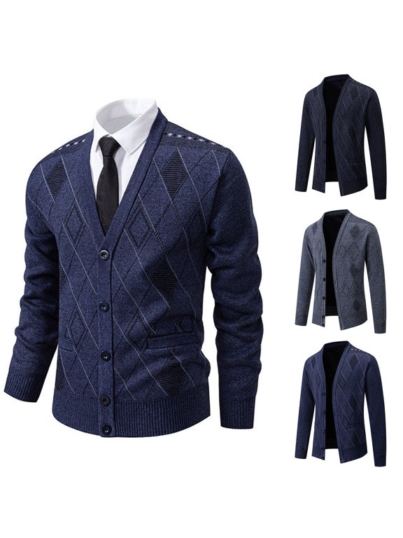 Men V Neck Argyle Knit Cardigan Button Front Long Sleeve Sweater Jacket Cozy Casual Office Daily Outerwear