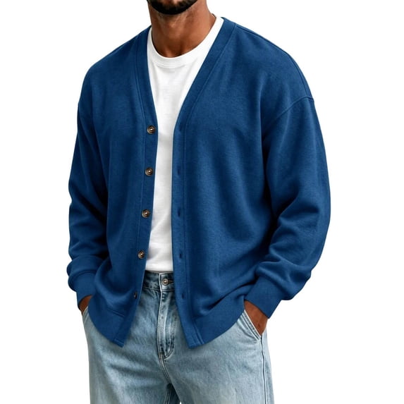 Men V Neck Button Cardigan Sweater Long Sleeve Open Front Casual Knit Cardigan with Pockets