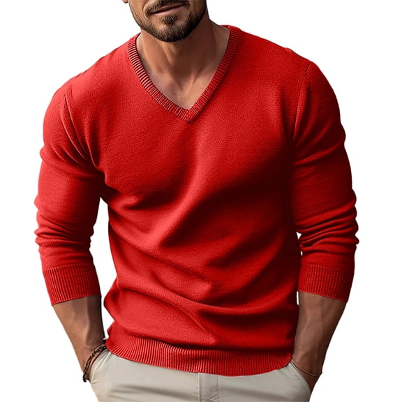 Men V Neck Dress Sweater Knit Long Sleeve Casual Slim Fit Pullover Sweater Red 3XL
